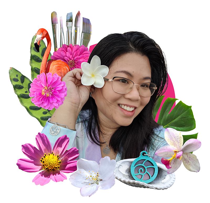 Photo of artist surrounded by flowers, seashells, a flamingo, and paint brushes