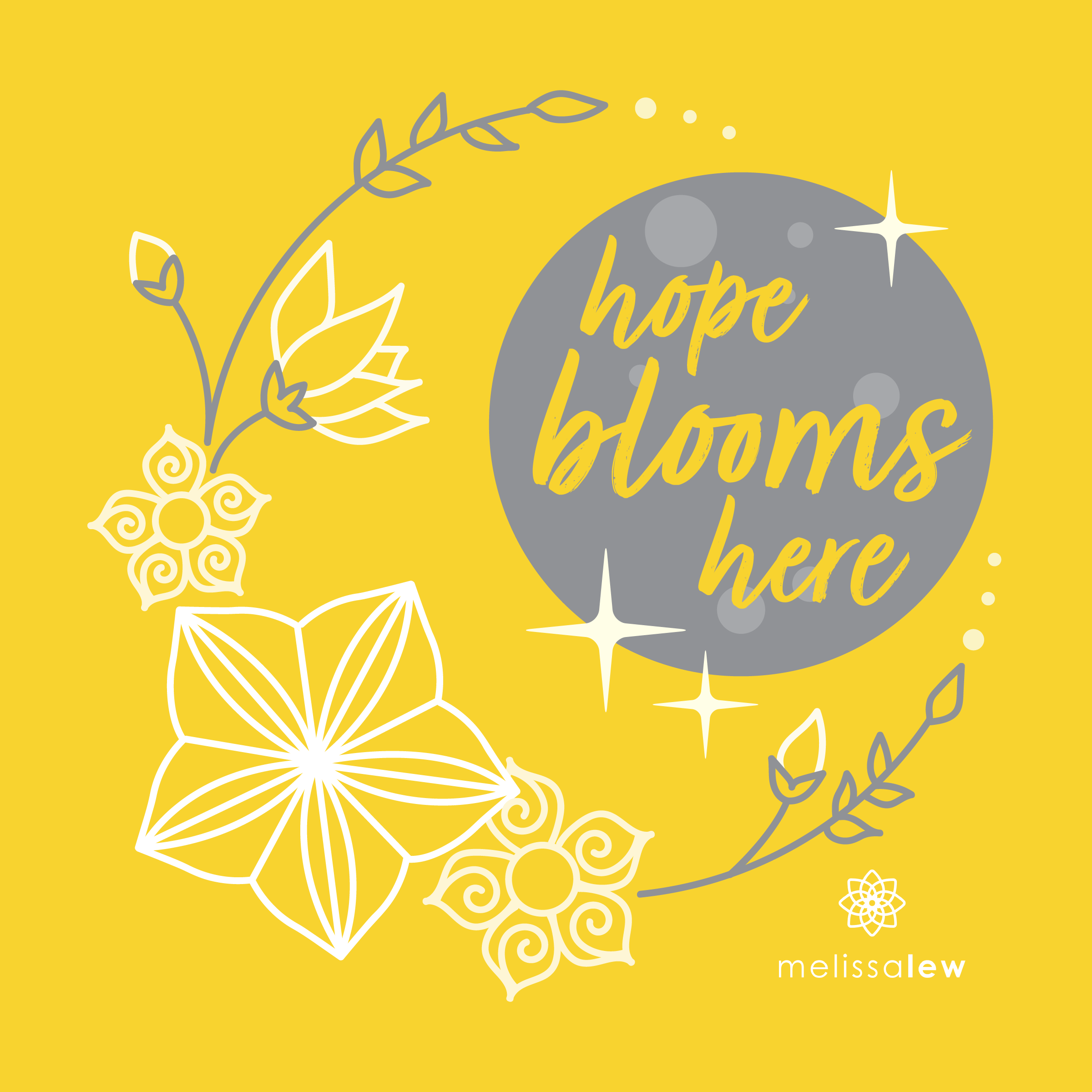 Hope Blooms Here Print with moon and flowers in yellow and grey
