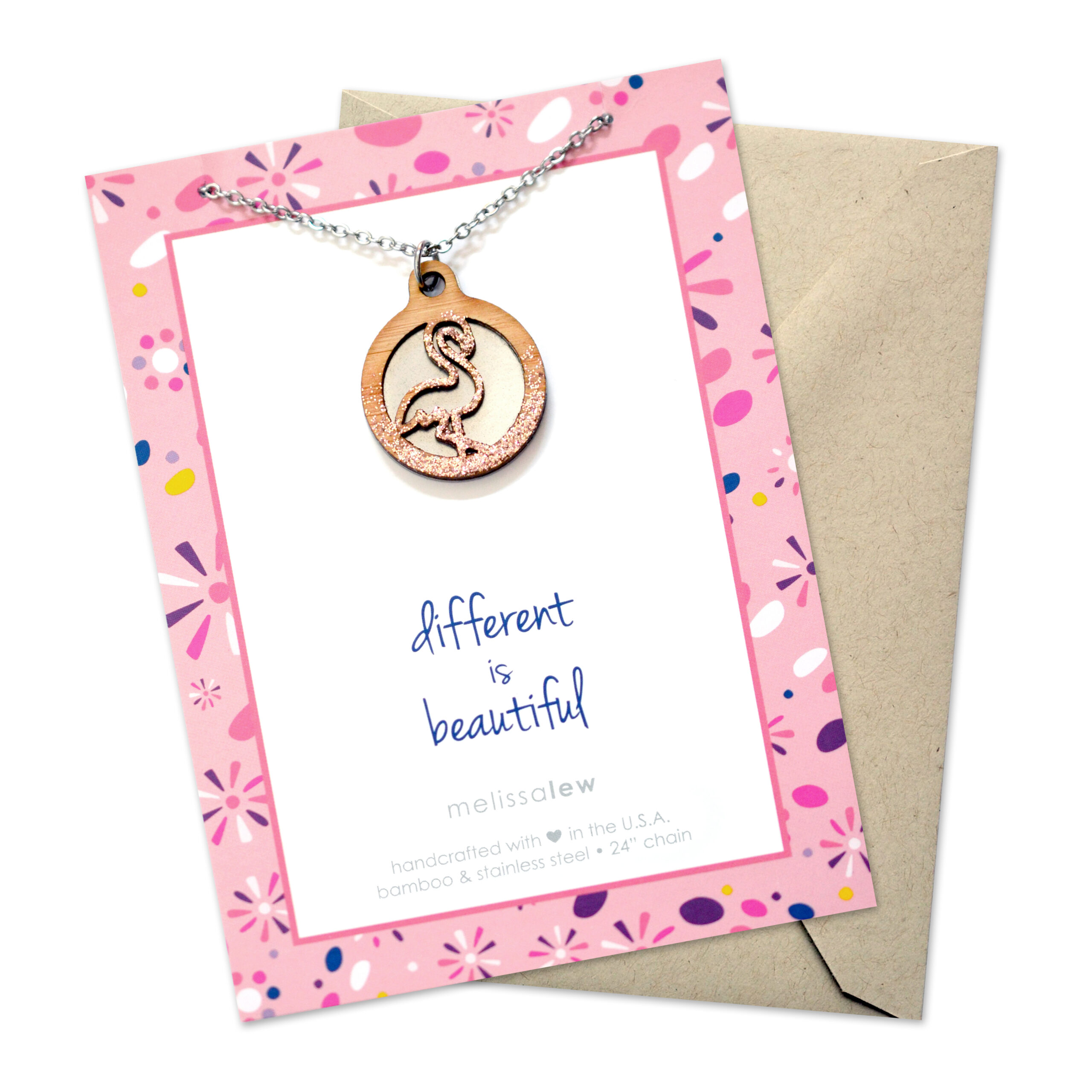 Rose gold glitter flamingo necklace made from bamboo and stainless steel