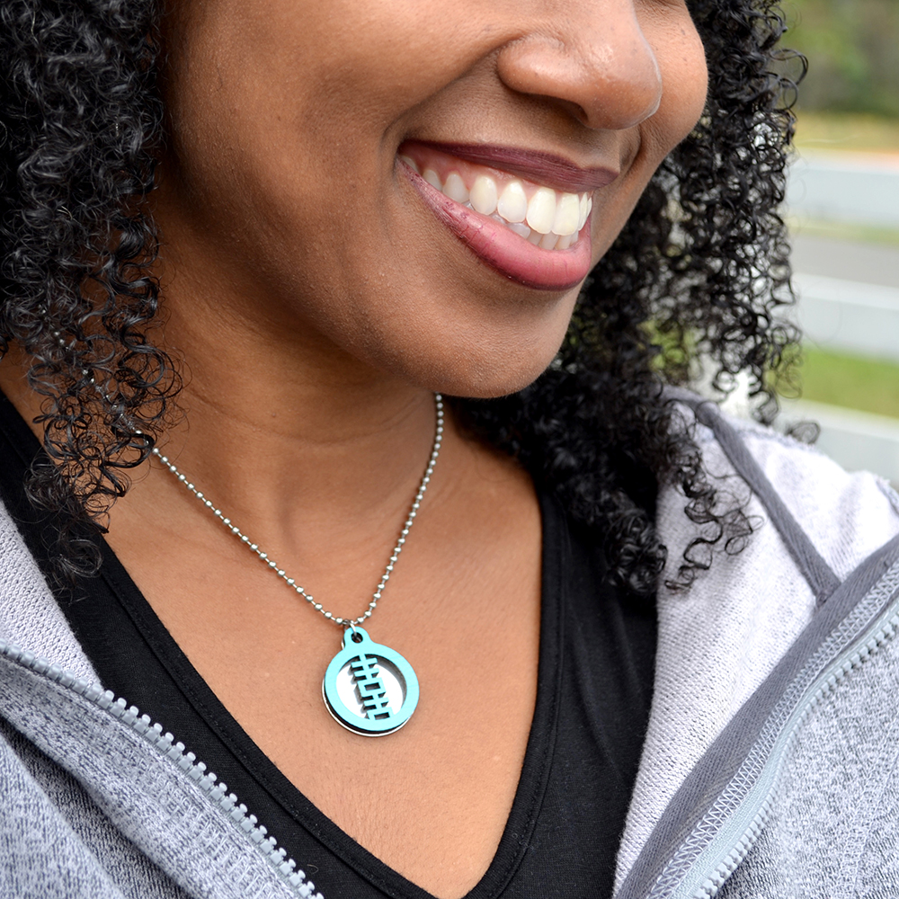 Chinese character for joy in an aqua blue necklace