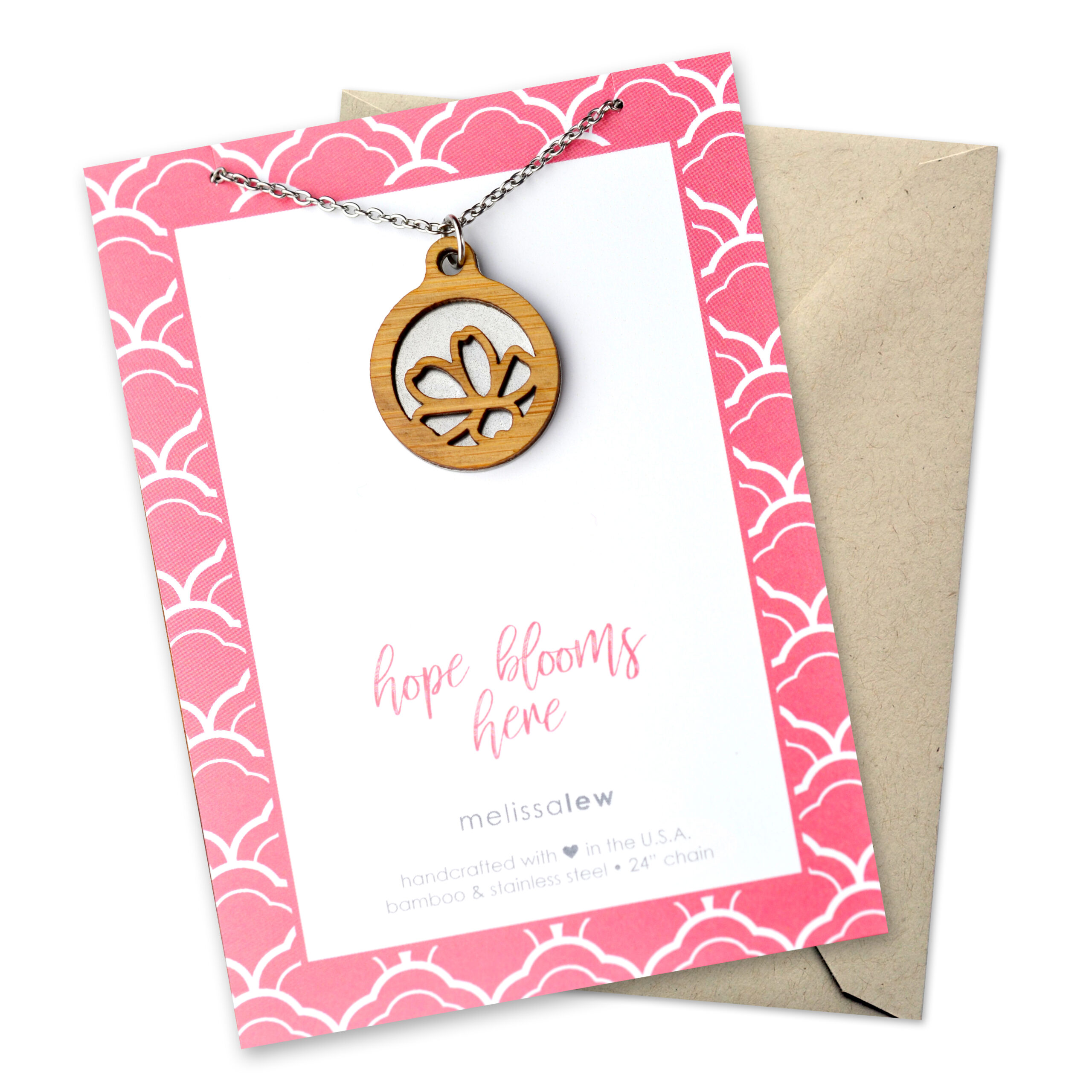 Bamboo cherry blossom necklace with card that says "Hope blooms here."
